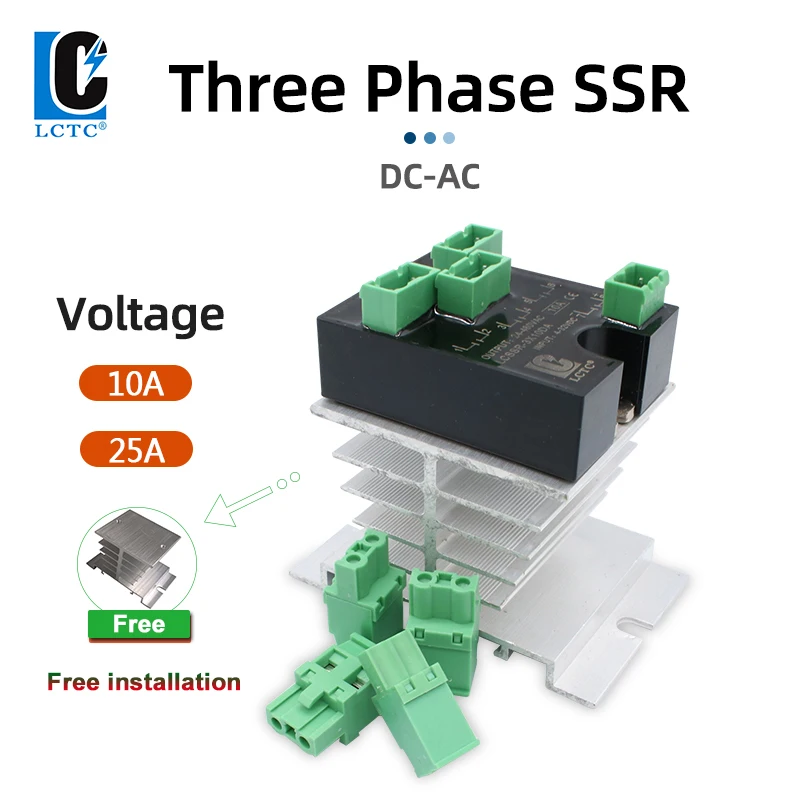 

Three-phase Solid State Relay With Din Rail Heat Sink 10A 25A DC Control AC 3 Phase SSR 4-32VDC to 24-280VAC