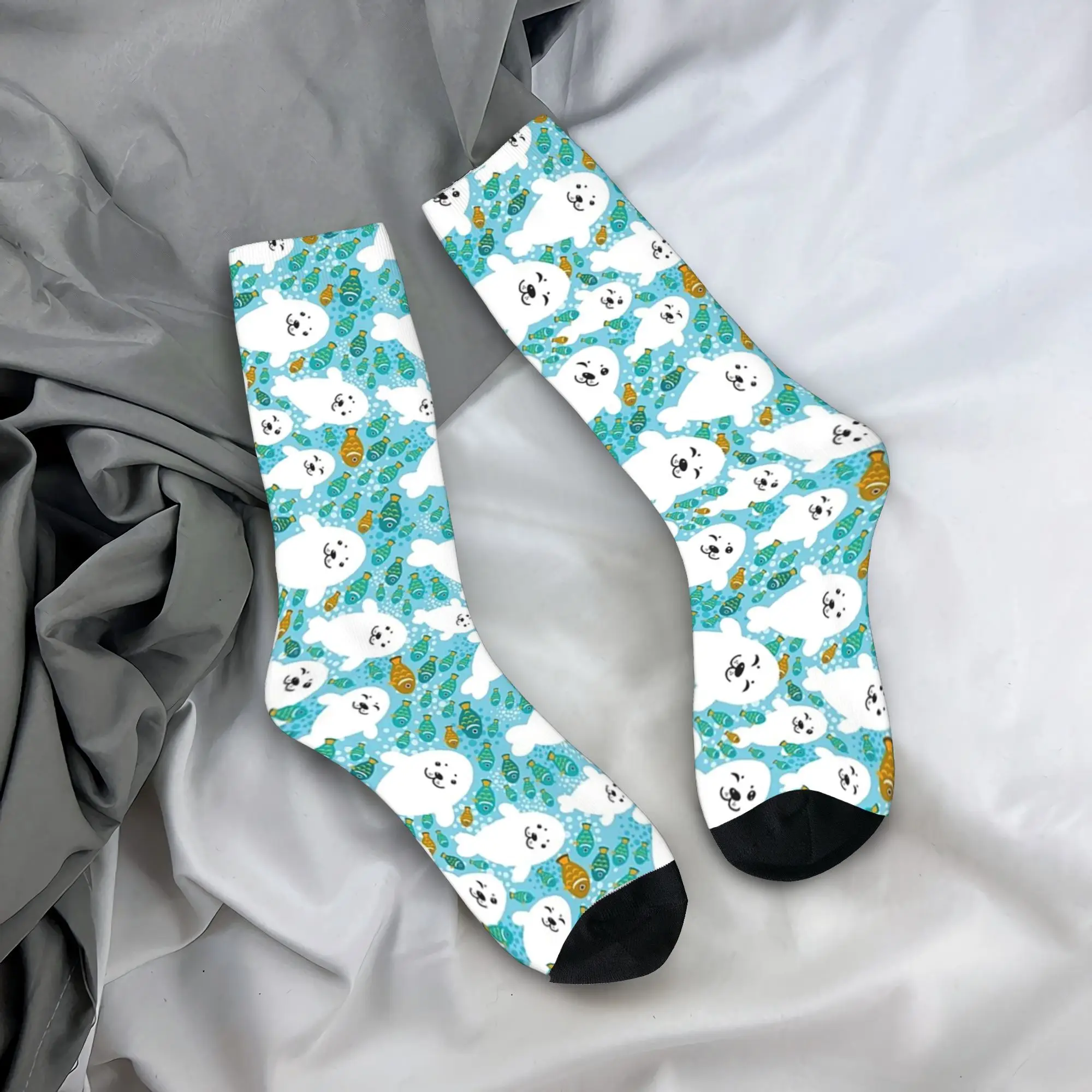 Kawaii bonito selo e peixe na água meias harajuku meias super macias durante toda a temporada meias longas acessórios para homem mulher presentes