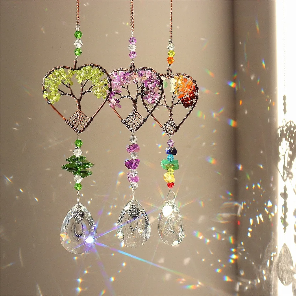 Heart Shape Tree of Life Natural Crystal Suncatcher Home Hanging Ornament Rainbow Maker Sun Catcher for Window Garden Wall Decor
