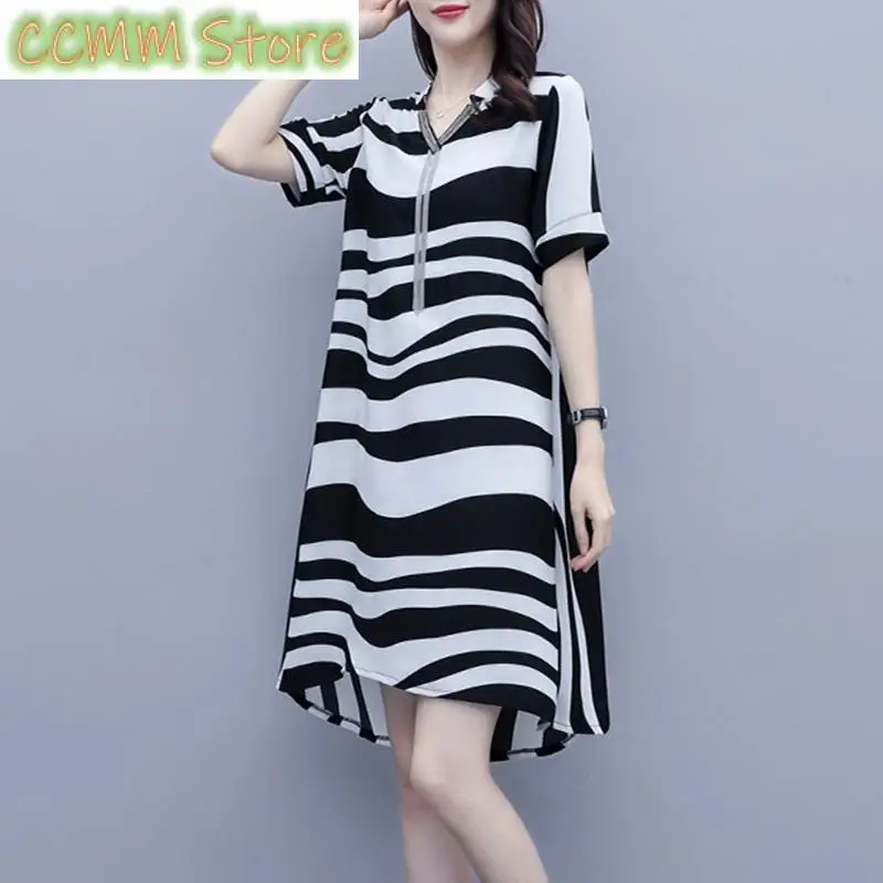 

Fashion V-Neck Spliced Loose Beading Tassel Striped Mini Dress Women's Clothing Summer New Oversized Irregular Casual Dress