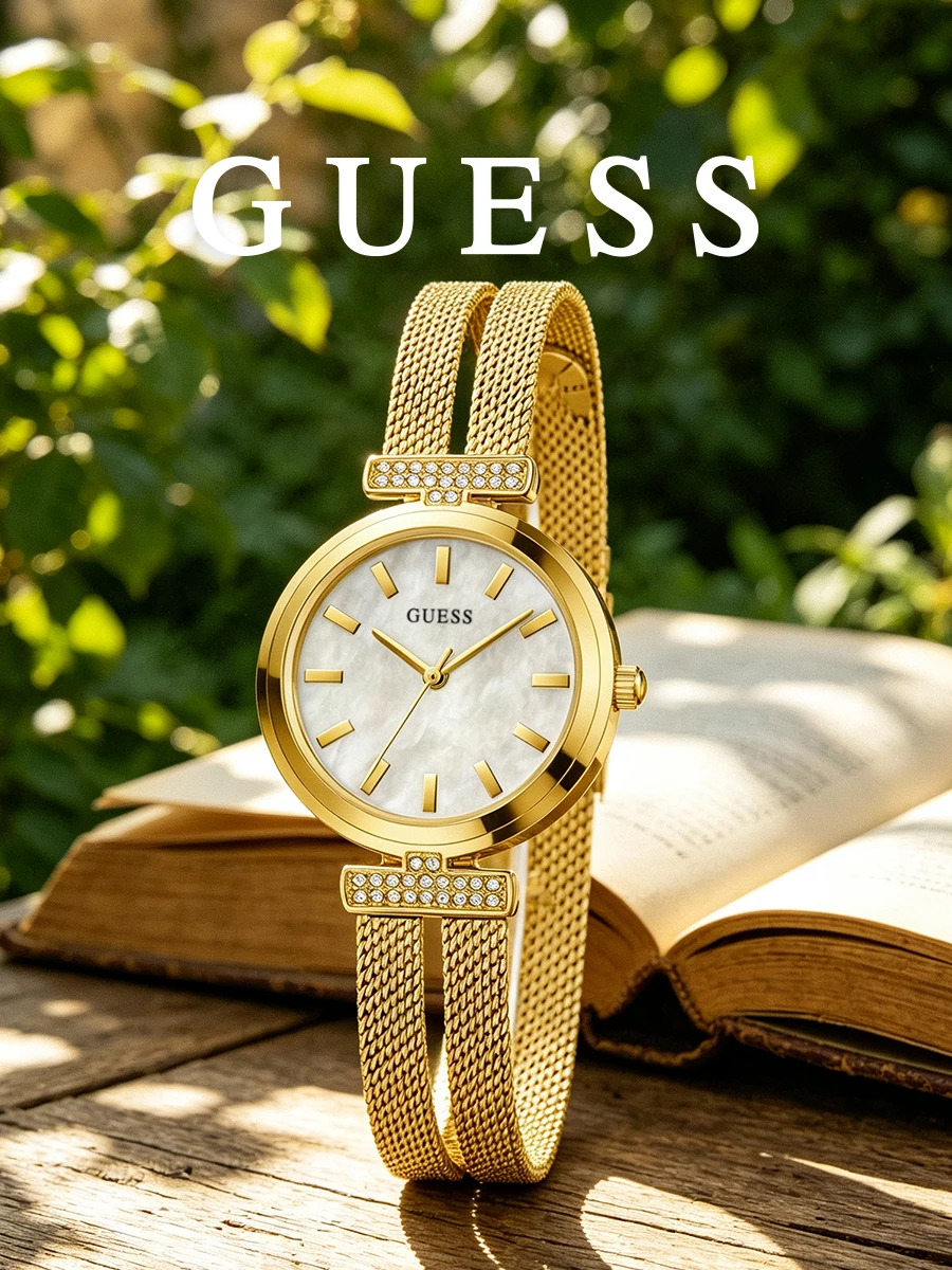 Guess Women's Watch Gold Tone Mesh Stainless Steel Analog Quartz Wristwatch Mother of Pearl Dial Crystal Accents Casual Everyday