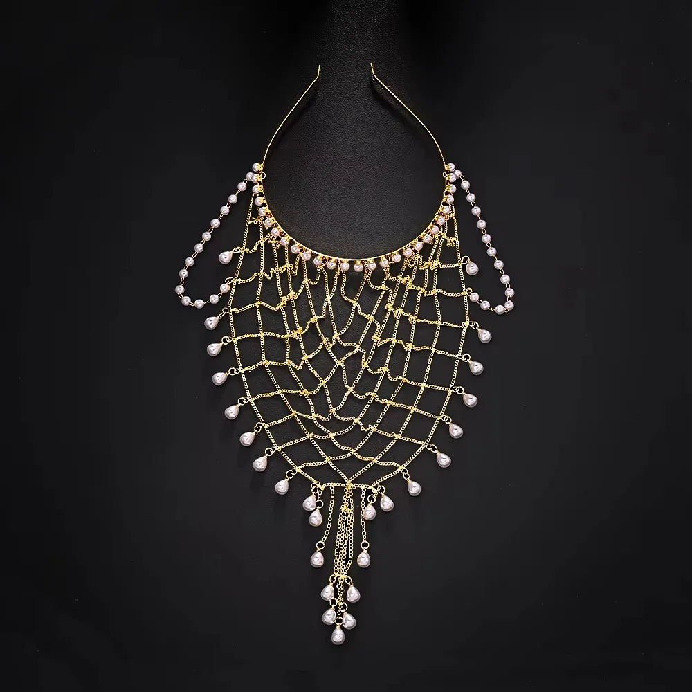Handmade Pearl Hair Chain Layered Elegant Head Jewelry Comfortable To Wear Draped Chain Beaded Tassel Hair Net Stage Performance