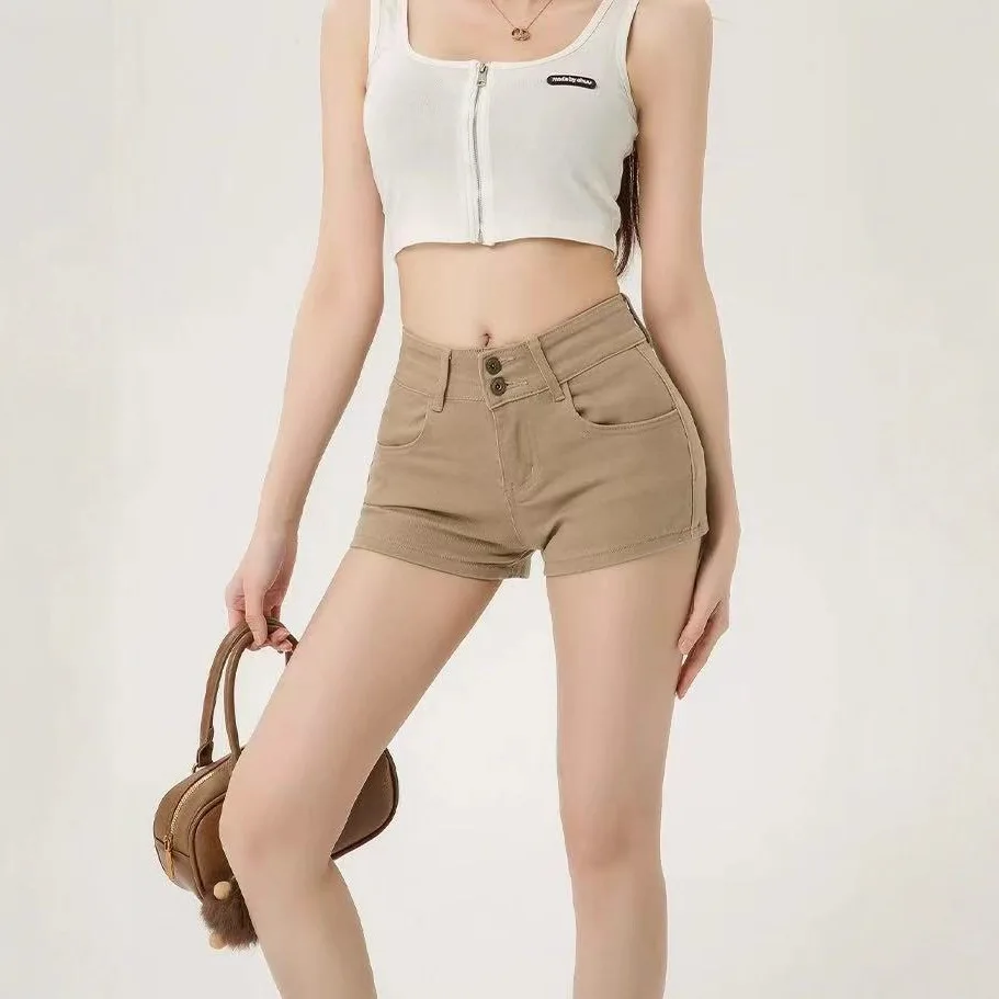 Spice Girl High Waist Double Button Hip Denim Shorts Women's 2026 Summer New Khaki Skinny Hip Hot Pants