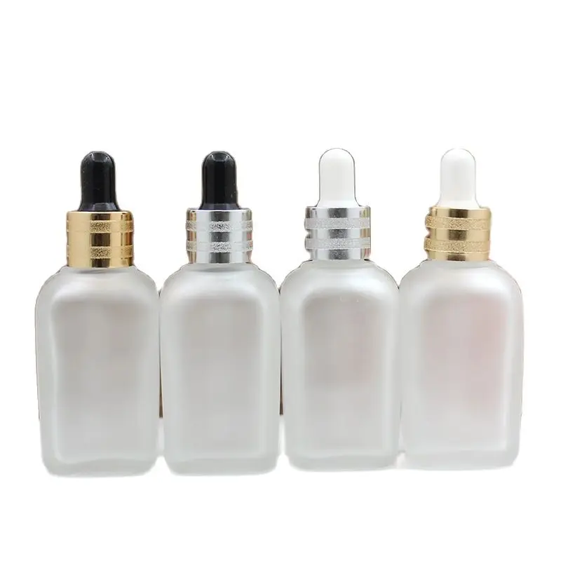 

Square Frosted Glass Dropper Bottle Matte Serum Drop Massage Bottle Sand Gold/Silver Lid 50ML Essential Oil Pipette Bottle 15pcs