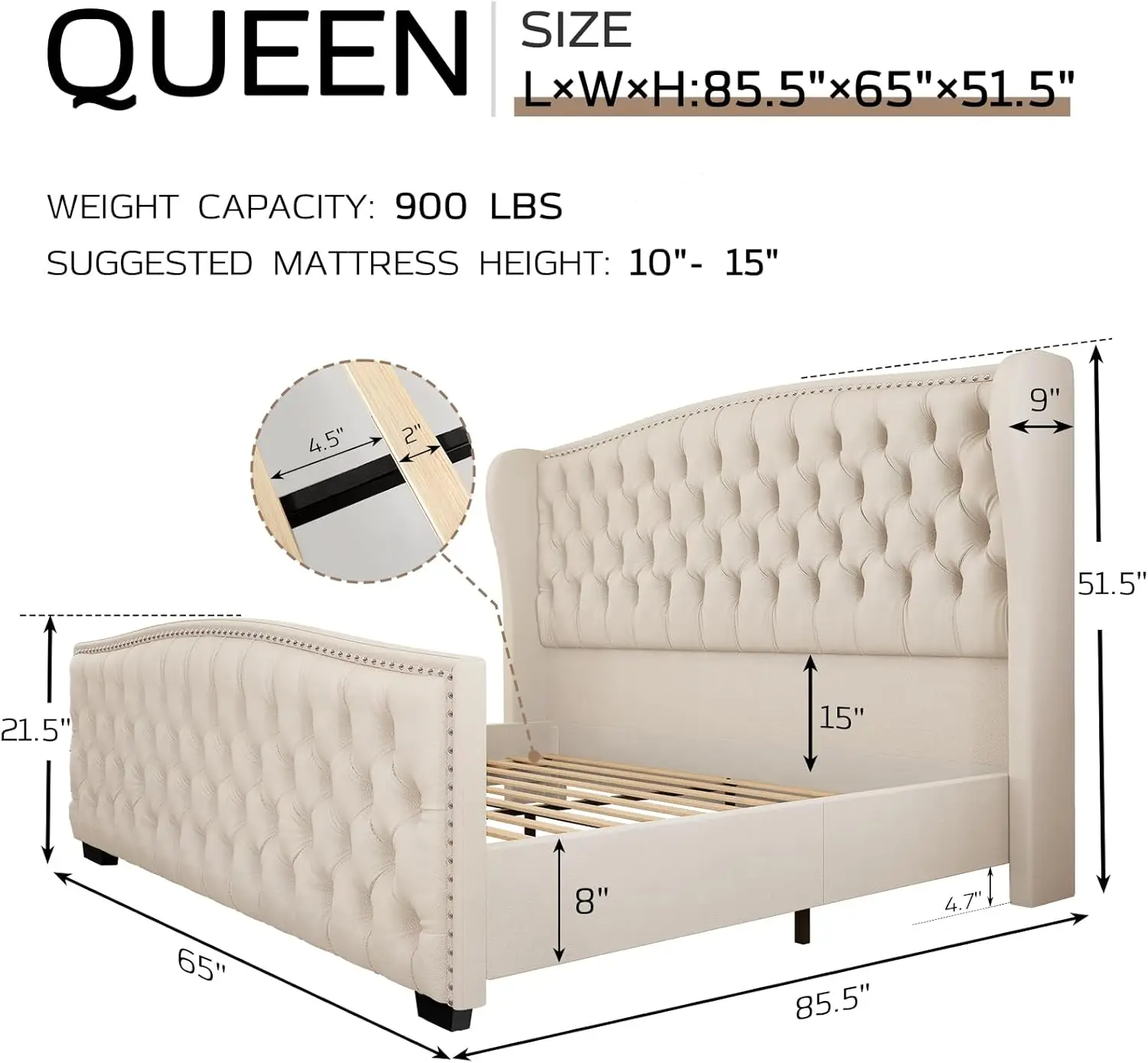 Queen Platform Bed Frame with Wingback Headboard, Velvet Upholstered Bed Frame with Handmade Button Tufted & Nailhead