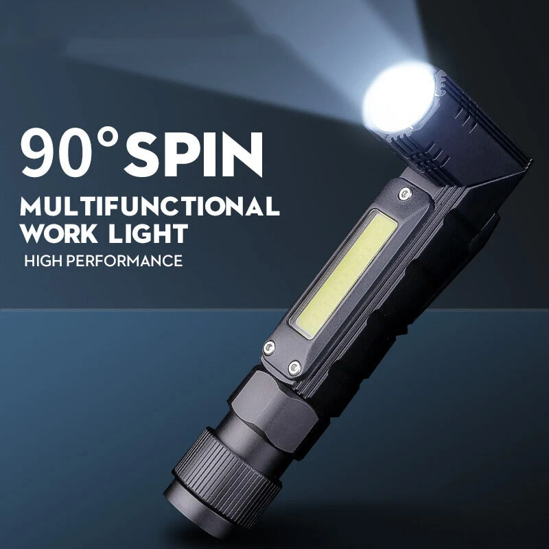 90° Twist Rotary LED Flashlight 5 Modes Light USB Rechargeable Magnetic Tactical Outdoor COB Work Lamp for Camping Fishing