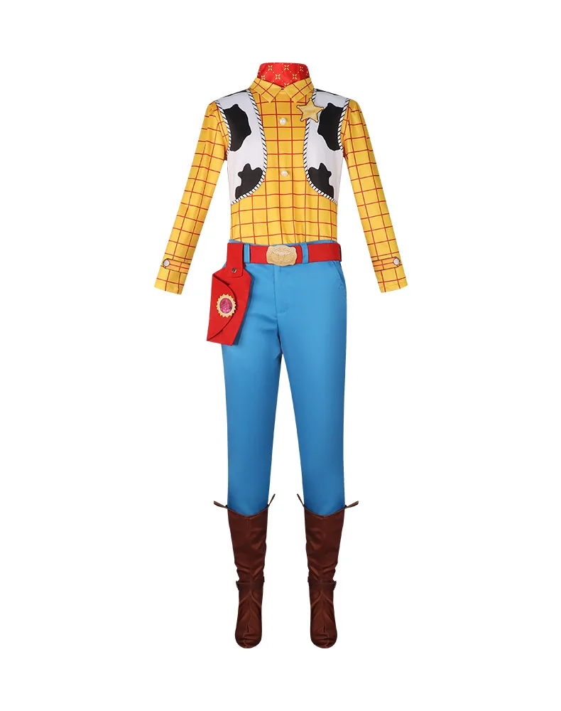 Sheriff Woody Cowboy Cosplay Costume with Red Bandana Paisley Poncho Yellow Plaid Shirt Pants Brown Boot Covers Full Set for Adu view 5
