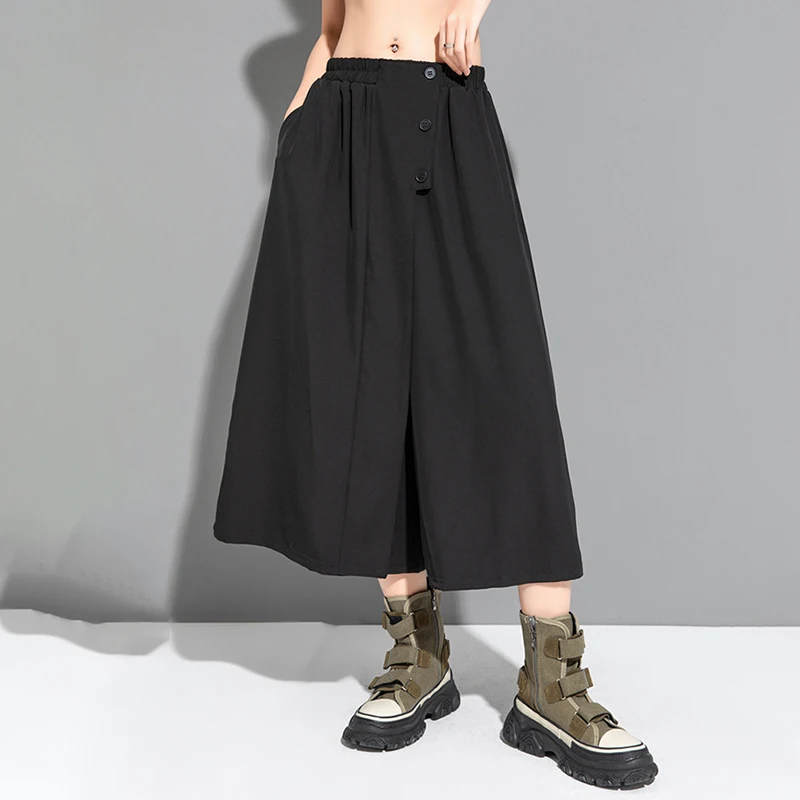 Black Summer Wide Leg Pants Women High Waist Trouser Cotton High Quality Drape Effect Pantskirt Loose Casual Ankle Length Pants