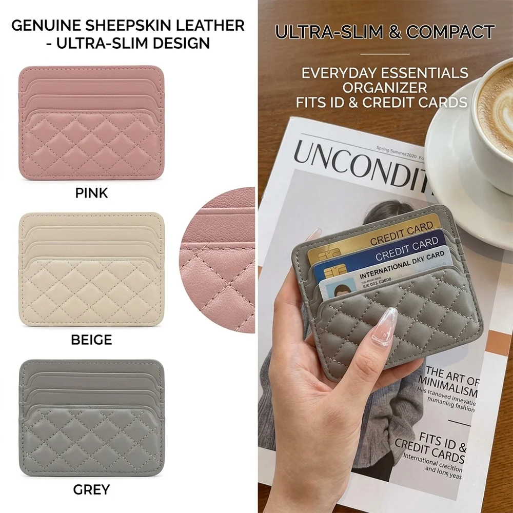 Ultra Slim Credit Card Holder Quilted Leather Bank Card Case Women Wallet Small Organizer Multi-slot Business ID Card Protector