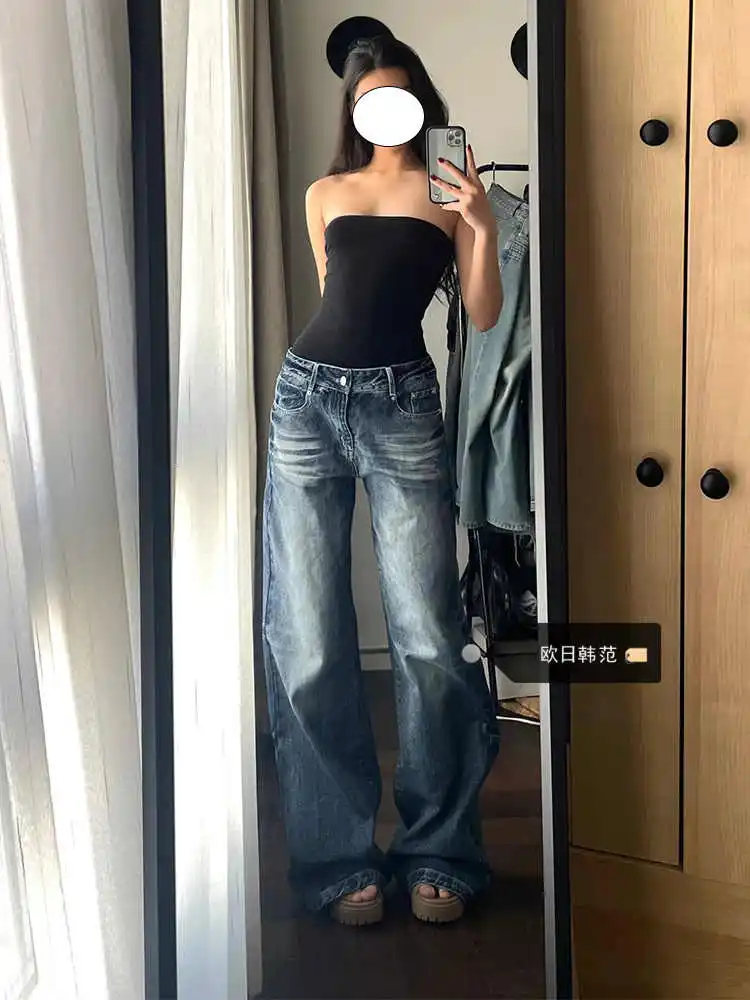 

Осень-зима 2022, женские корейские винтажные джинсовые брюки с низкой посадкой, японские мешковатые широкие джинсы Y2K, ковбойская уличная одежда в стиле Харадзюку, новинка