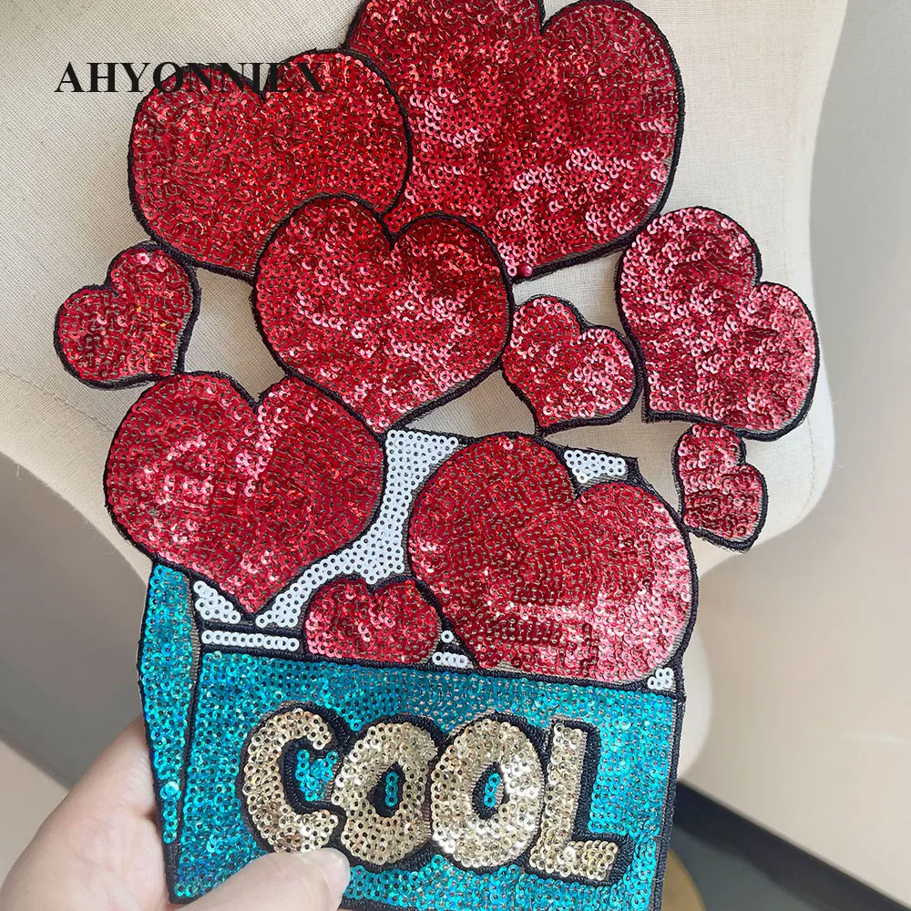 1 Piece Red Cool Sequins Heart Parch For Clothes Sticker Appliques Iron On Patches Jacket Decoration Applique