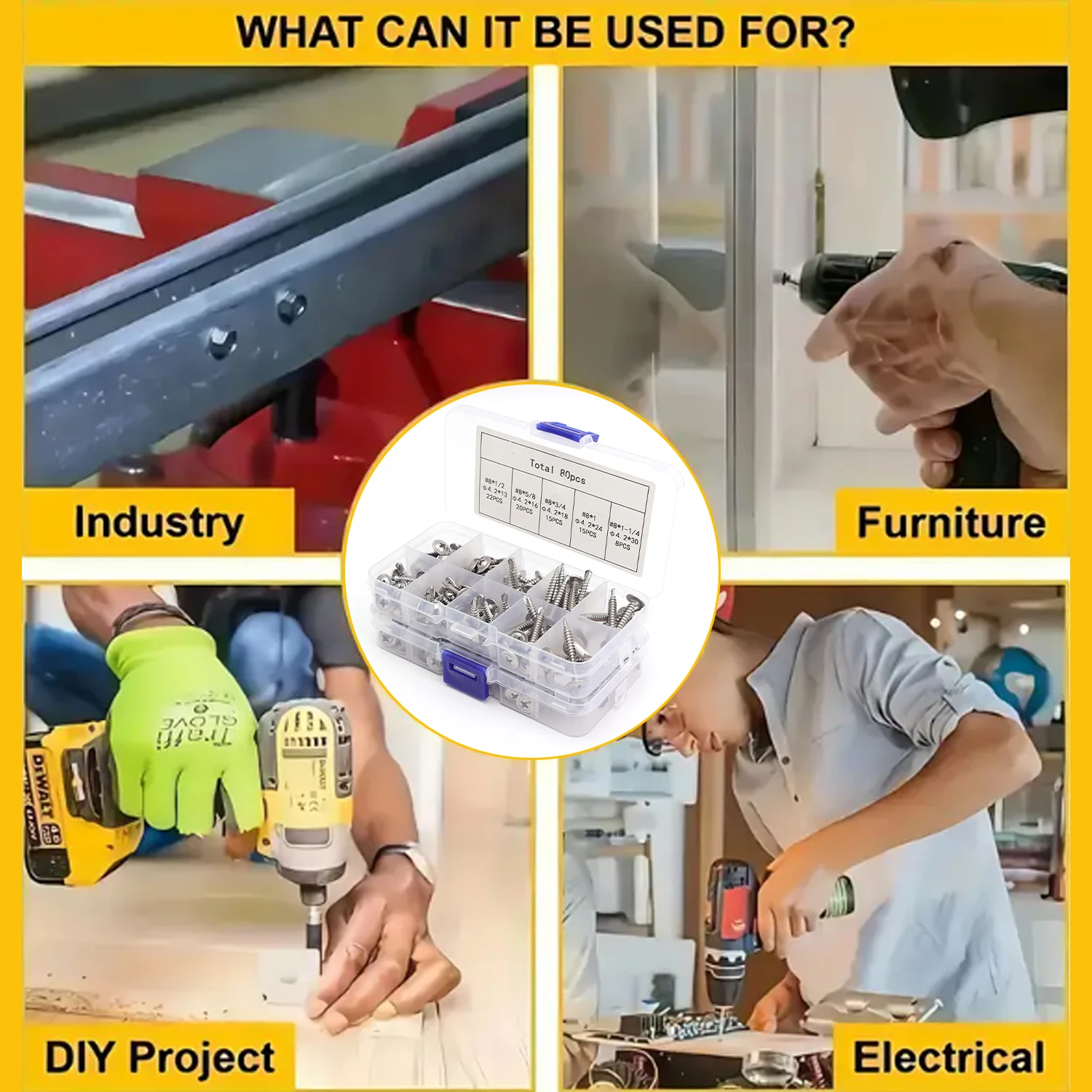 80Pcs Box 410 Stainless Steel Drill-Snail Self-Tapping Screws Fully Threaded Truss Head Phillips Fastener Hardware DIY