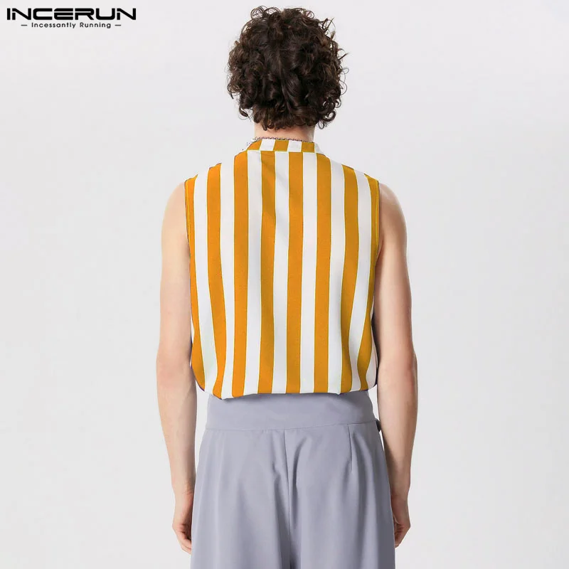 2024 Men\'s Striped Shirt Stand Collar Sleeveless Button Streetwear Men Clothing Summer Fashion Casual Camisas S-5XL INCERUN