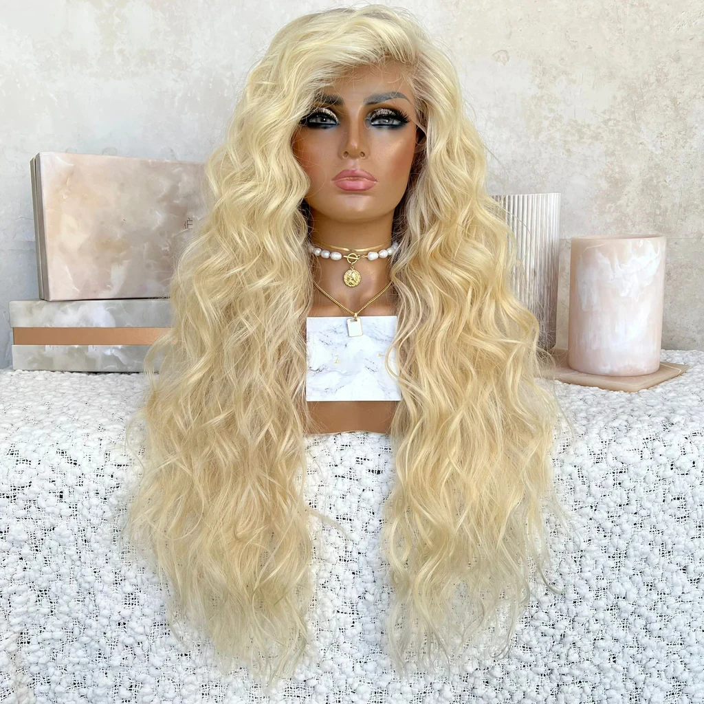 

613 Blonde Glueless Synthetic Hair Lace Front Wig For Women High Temperature Fiber Natural Wave Cosplay