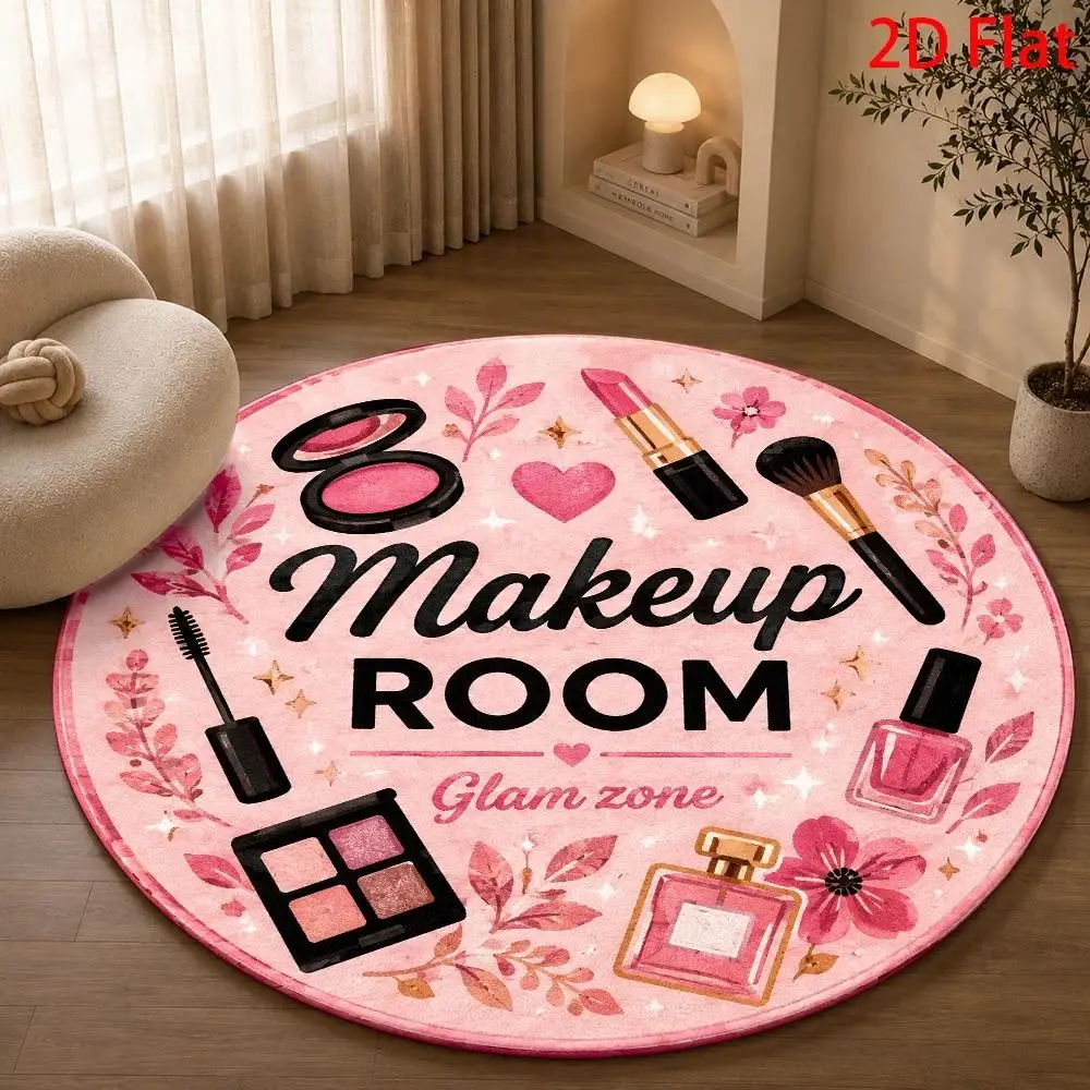 Pink Beauty Makeup Room Pattern Round Area Rug Glam Home Decor Floor Cover for Bedroom Dressing Area Lounge Studio