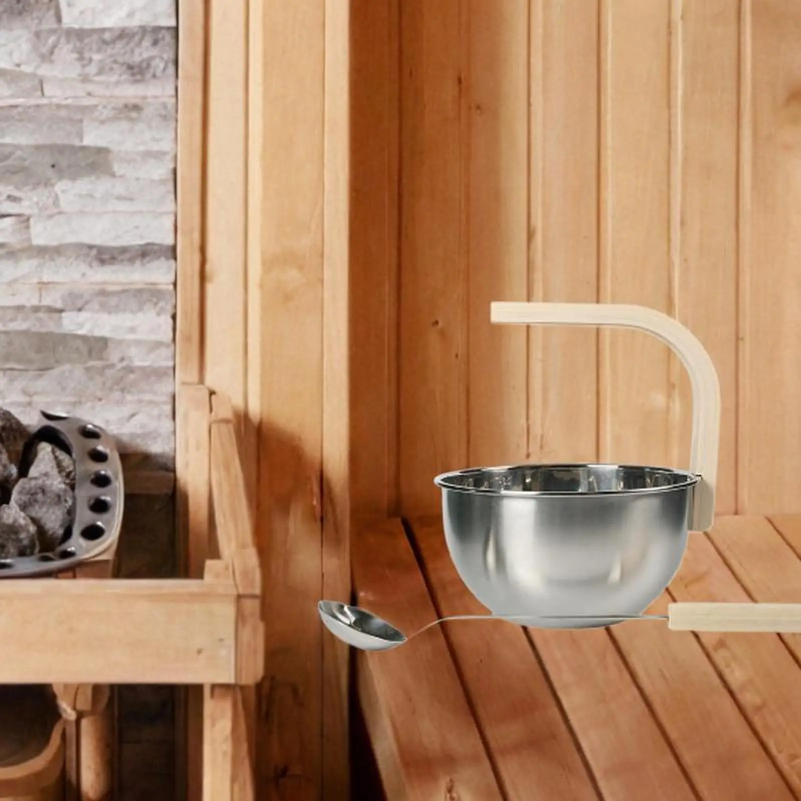 Sauna Accessories Set Stainless Steel Bucket 4L with Wood Handle Long Spoon for Steam Room Spa Relaxation