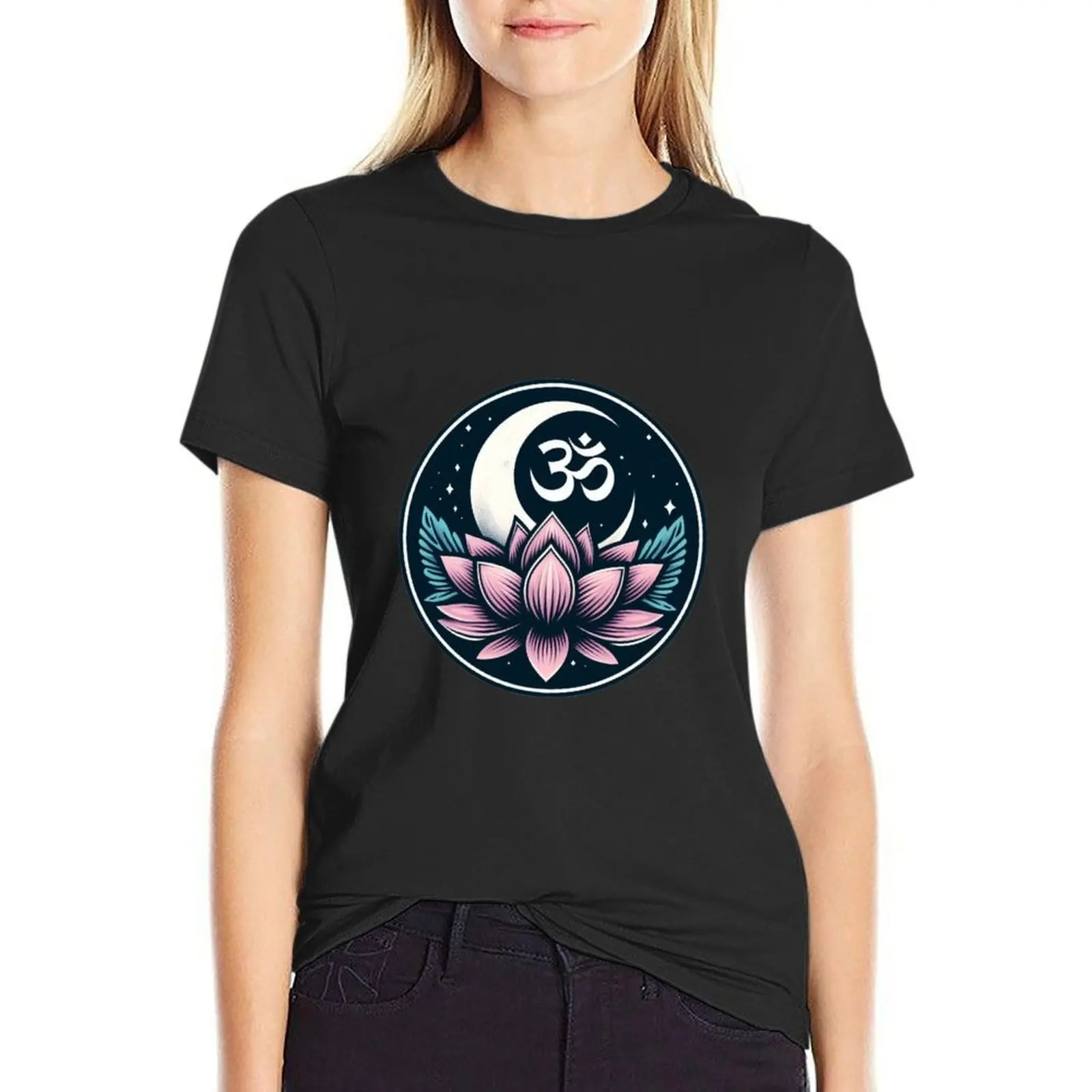 

Serenity in Lotus Bloom. Lotus with Moon and Om Symbol, Yoga Meditation. T-Shirt hippie clothes sports fans tshirts woman