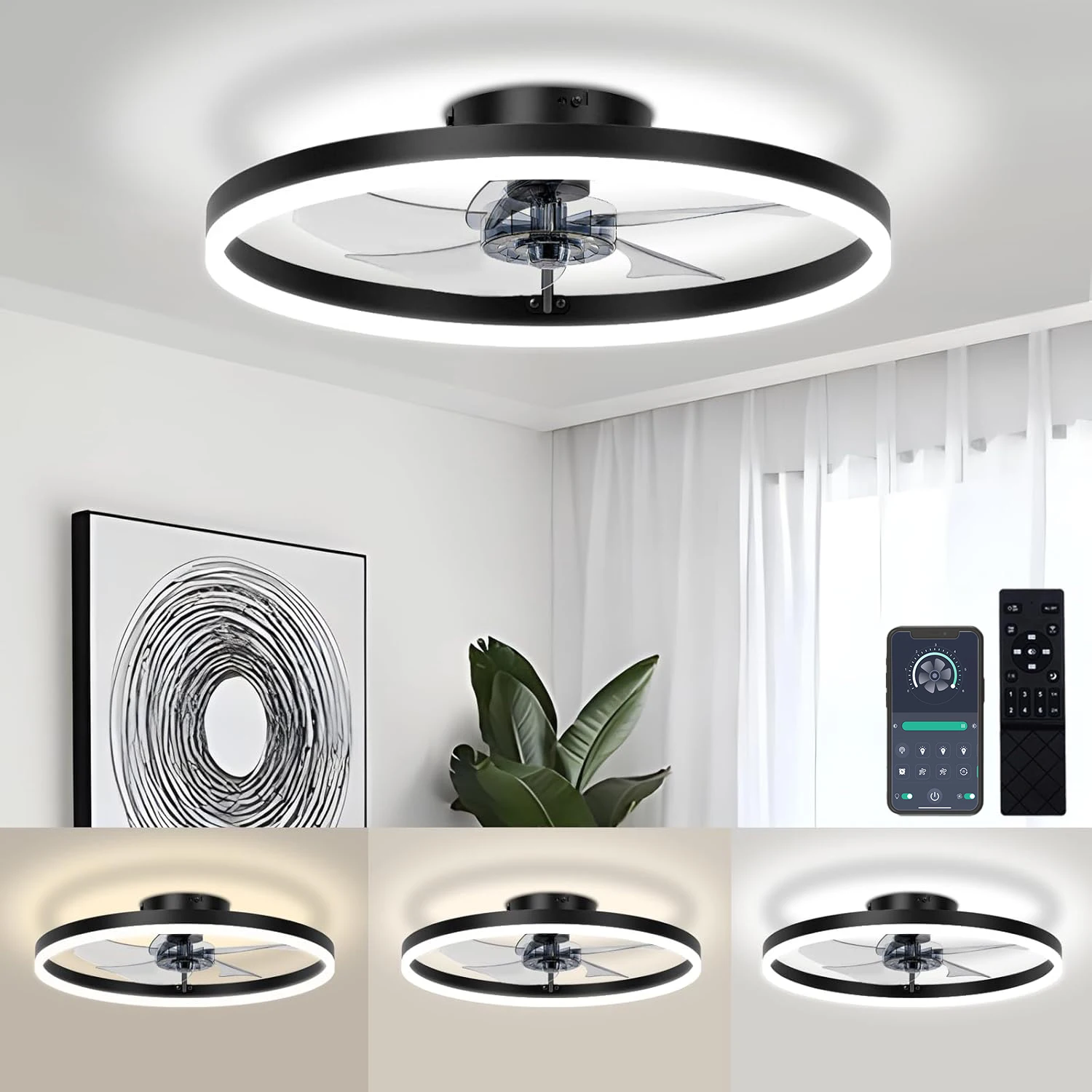 Modern ceiling fan with light and remote control, 19.7 "low-specification ceiling fan, with 6-speed and dimmable LED, APP 3CCT