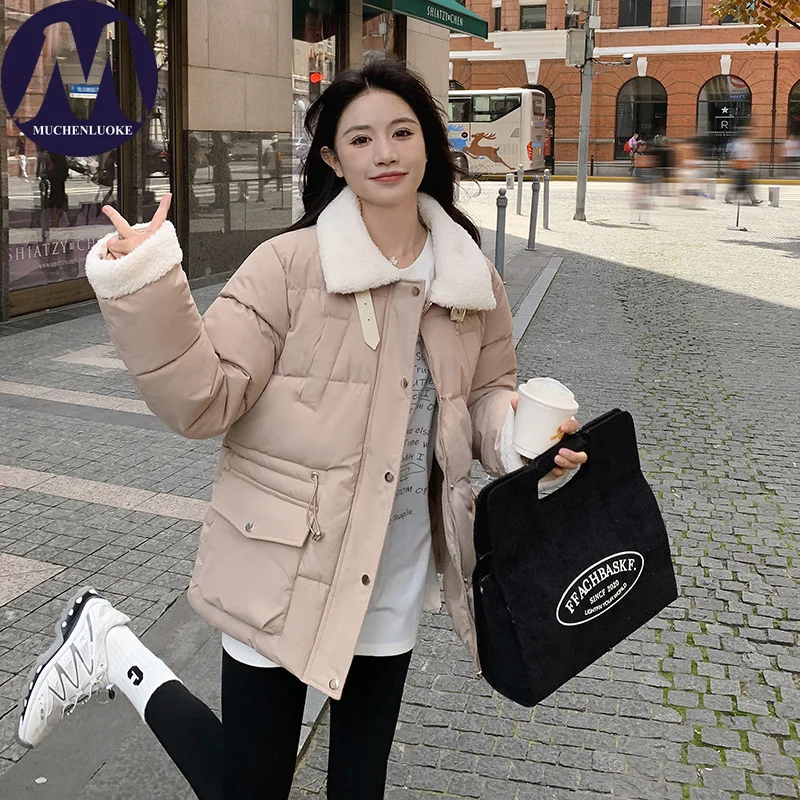 

Women's Winter Down Jacket New Elegant Imitation Lamb Wool Fur Collar Thicken Coat Korean Fashion Slim Fit Keep Warm Parkas