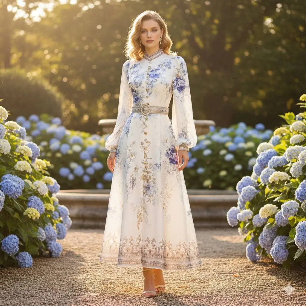 

Niche Light Luxury 2026 European Retro Literary Printing Single-breasted Stand-up Collar Lantern Sleeve Medium and Long Dress