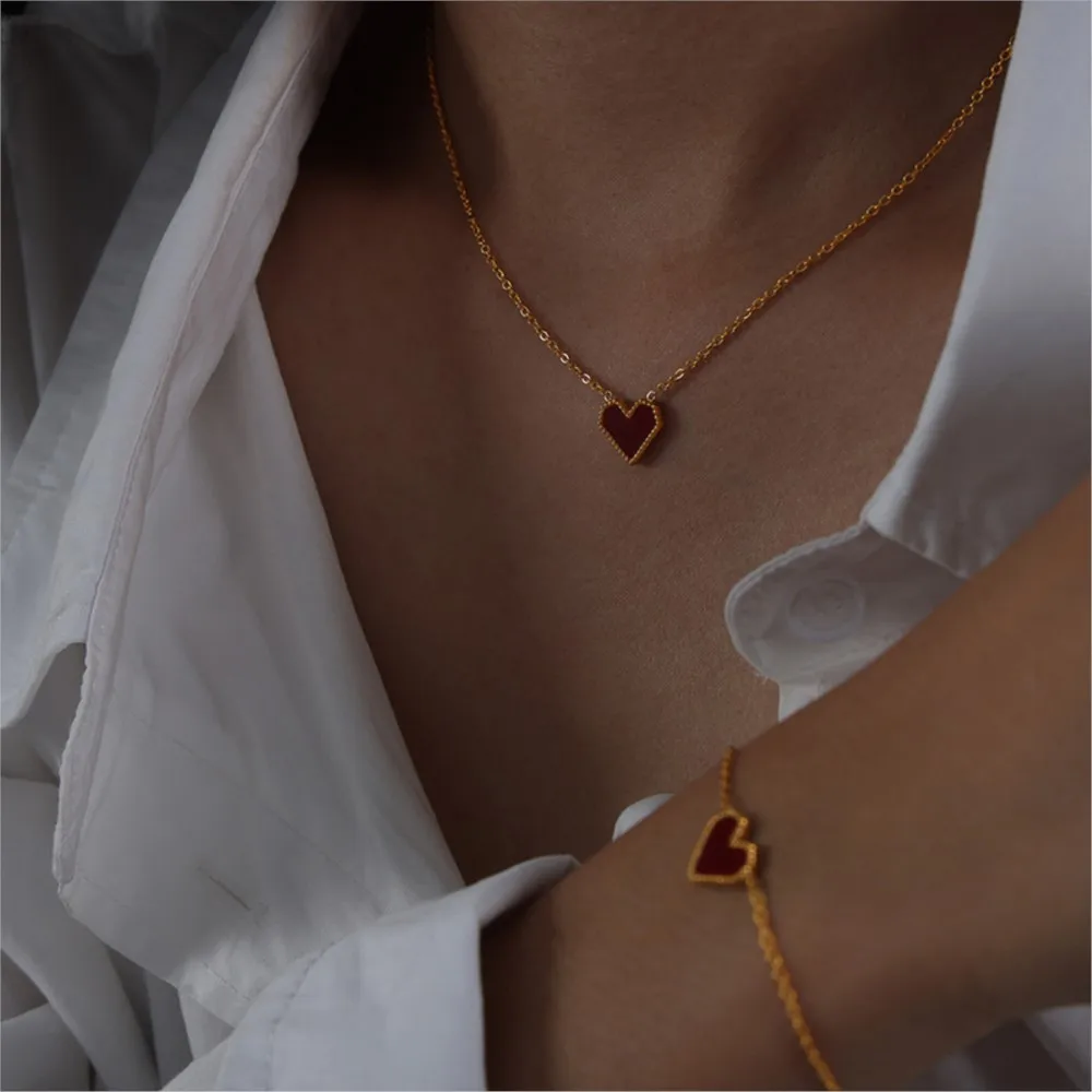 Black White Red Stainless Steel Heart Pendant Necklace Earrings For Women Gold Plated Waterproof No Tarnish Women\'s Jewelry Set