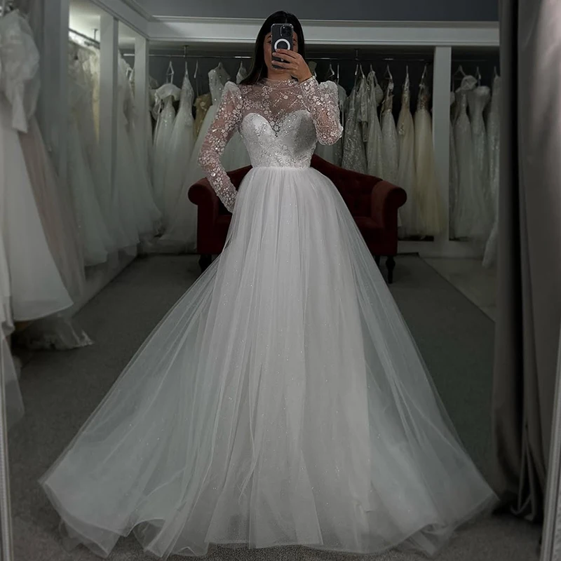 

High-Neck Wedding Dress Organza With Embroidery A-Line Floor Length Ballgown Fullsleeve Customized Bride Button Vestido De Novia