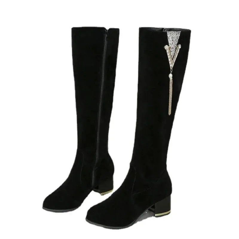 Fashion Thigh High Boots New Women's Long Boots Rhinestone Thick High-heeled Knee-high Boot Zipper Retro Knight Boot Women Shoes