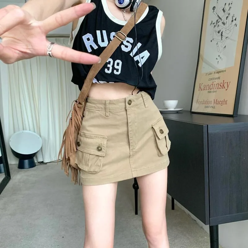 Khaki Cargo-Minirock für Damen, hohe Taille, mehrere Taschen, Knopfleiste, Denim-Skort, Y2K-Streetwear, kurzer Rock