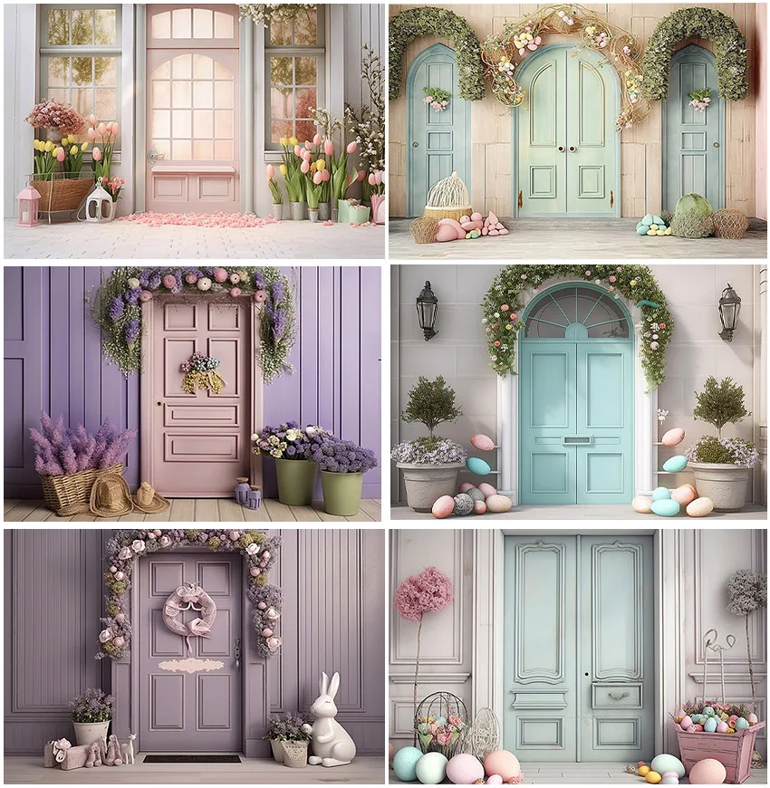 

Easter Theme Color Door Flowers Bunny Window Backdrops Eggs Purple Pink Green Backgrounds Children Portrait Baby Shower Banner