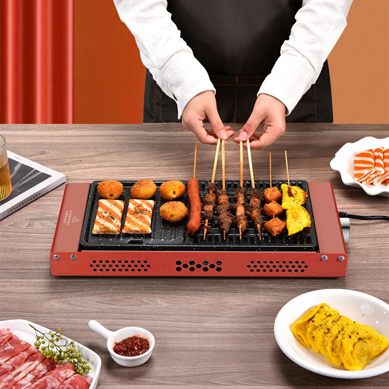 1000W Electric Grill Pan Multi-Function Home Non-Stick Skewer Machine with Left And Right Partitions for Cooking
