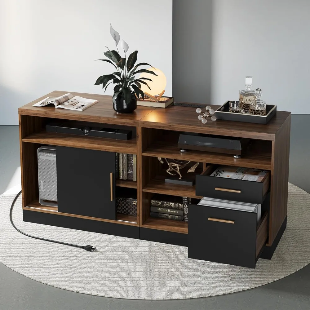 

63" Wood Lateral File Cabinet with Lock, Filing Cabinet for Home Office with Adjustable Storage Shelves, Wide Office Credenza, F