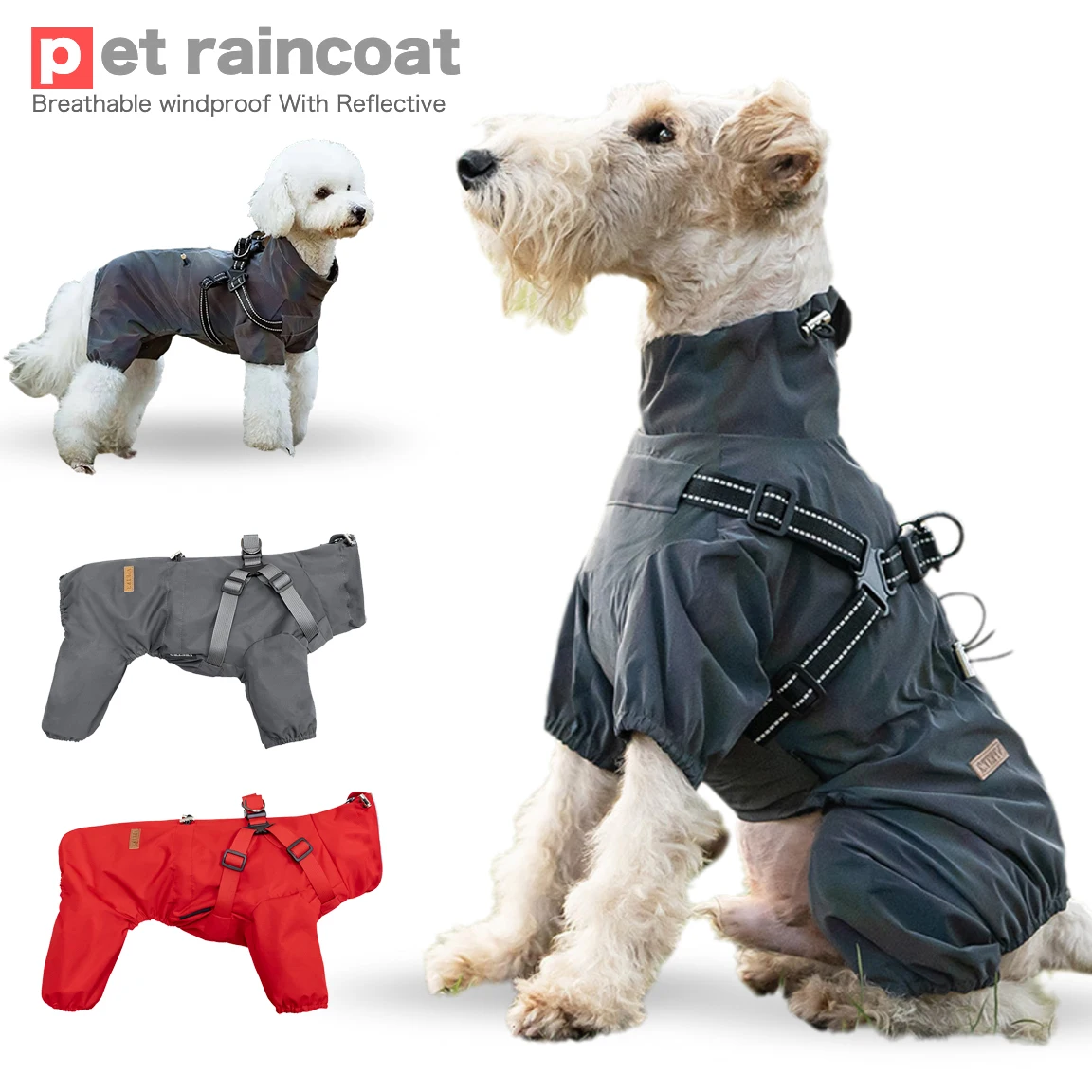 

Reflective Four Legged Dog Raincoat W/ Harness Waterproof Pet Adjustable Rain Coat Outdoors Rainwear Overalls for Small Big Dogs