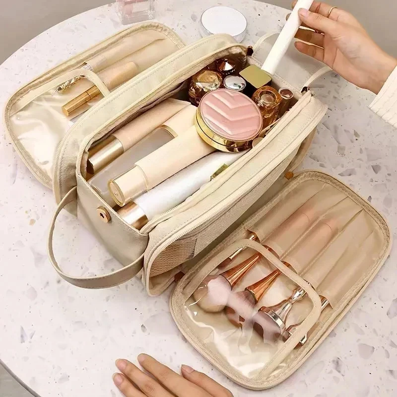 Multifunctional Makeup Bag For Women PU Leather Large Capacity Portable Double Zipper Travel Makeup Brush Toiletries Storage Bag