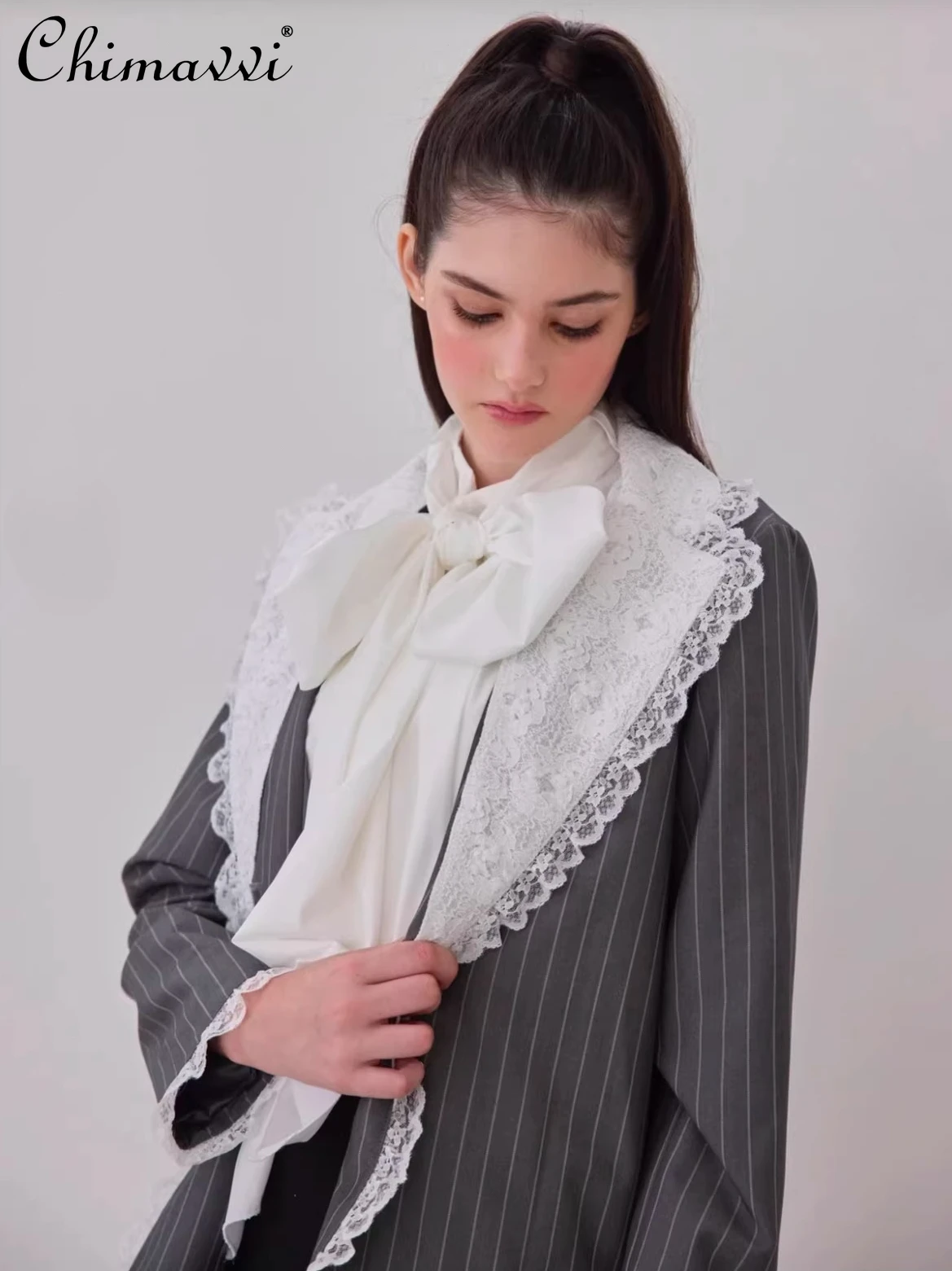 

Spring Autum New Japanese Style Fashion Lace Patchwork Collar Stripes Outwear Women's OL Long Sleeves Loose Elegant Suit Coat
