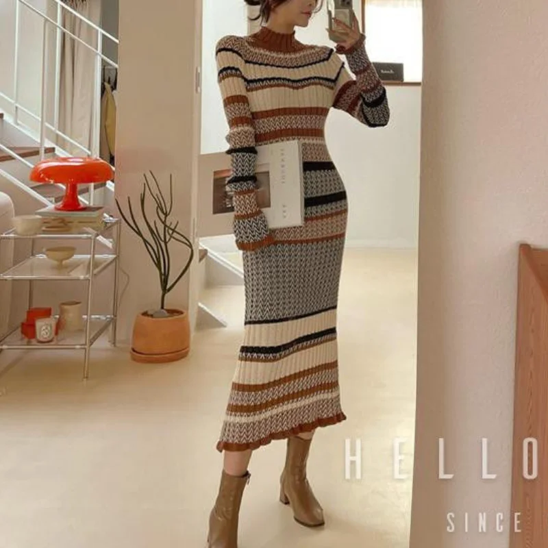 Women Autumn Winter New Half High Neck Knit Sweater Dress Fashion Gentle Style Retro Stripe Waist and Hips Long Sleeves Dress