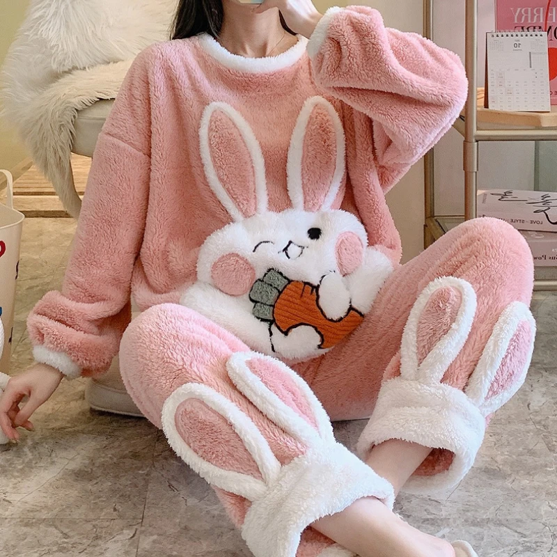 Autumn Sweet Princess Pajamas Set Women Cute Bunny Coral Fleece Warm Sleepwear Home Clothes Girls Kawaii Cartoon Pijama 2 Piece