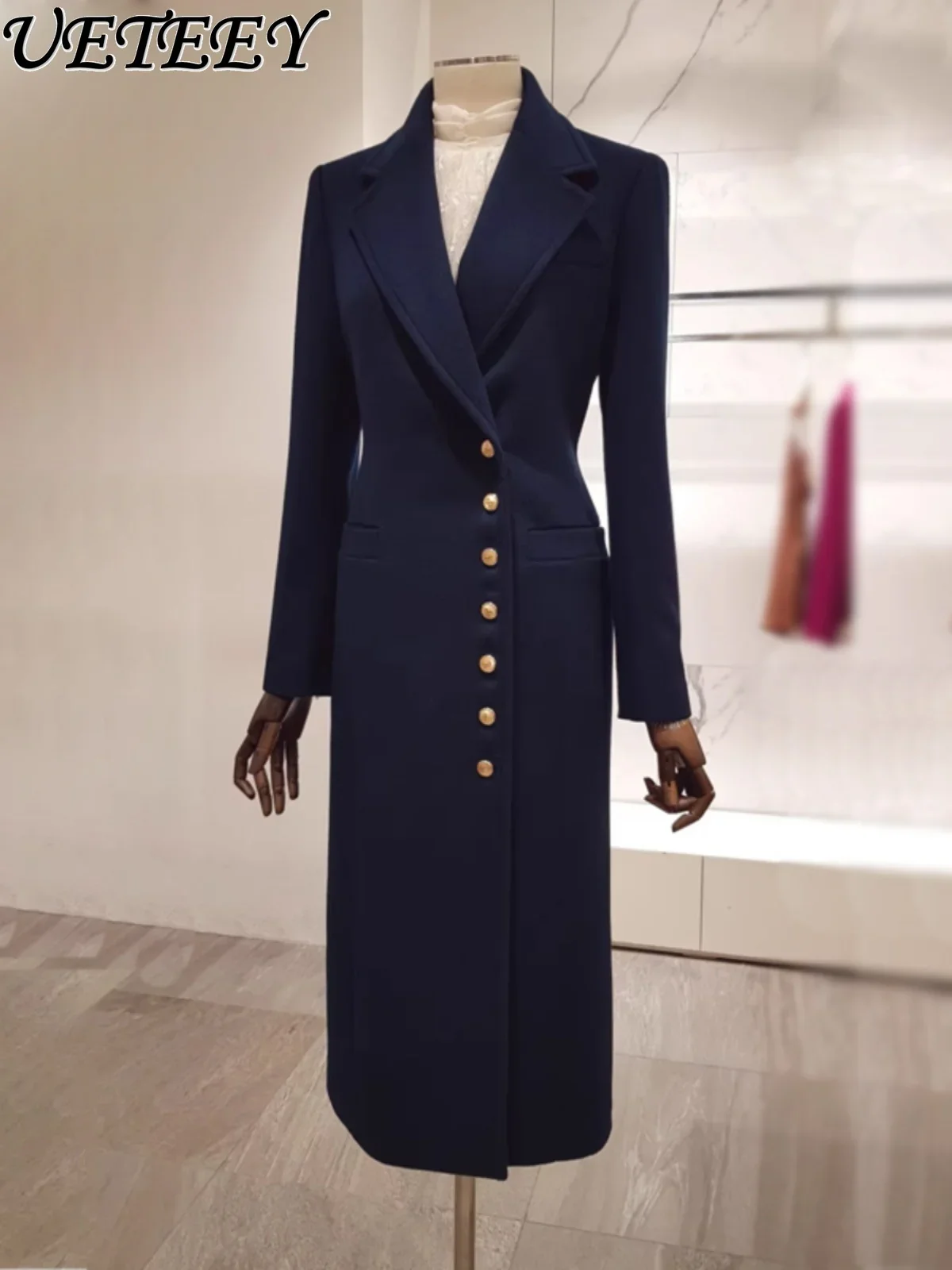 Autumn and Winter New Slim-fit Warm Long-sleeved Woolen Coat Over-knee Suit Collar Gold Button Long Overcoat for Women