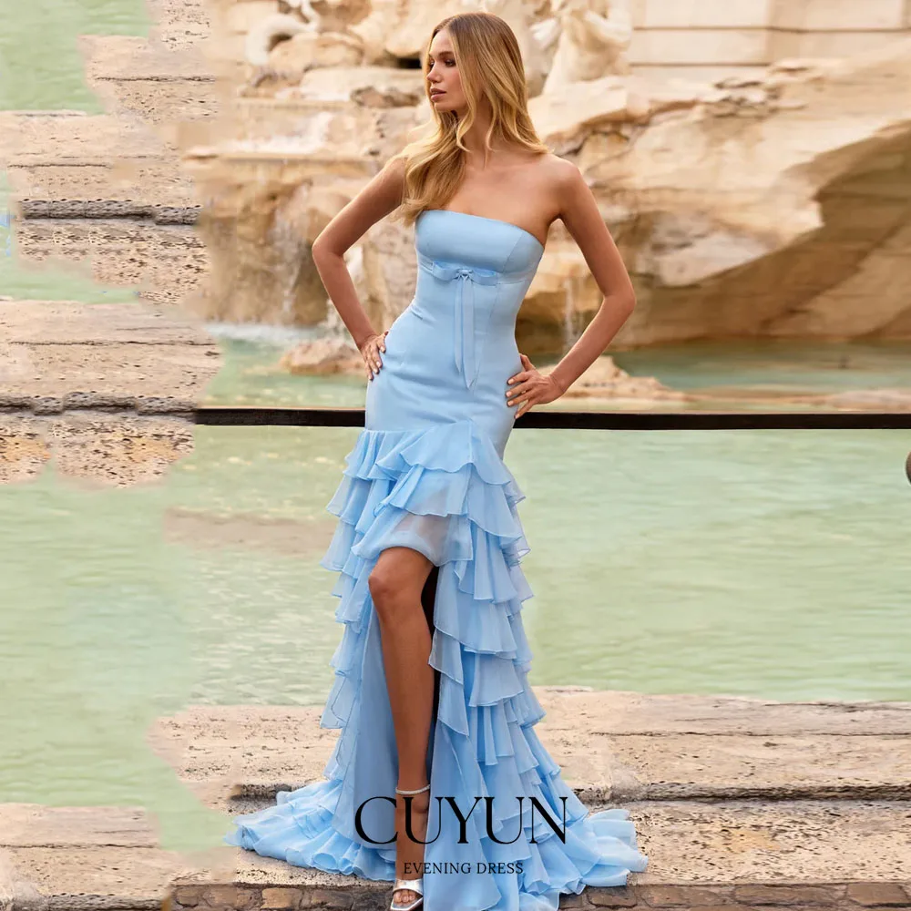 

CUYUN Customized Strapless High Slit Prom Dresses Tiered Ruffled Long Party Dresses Sky Blue Girls' Evening Gown