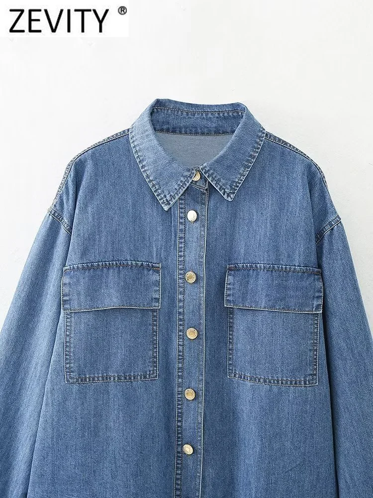 Zevity New Women Vintage Double Pockets Patch Loose Denim Smock Blouse Office Lady Chic Button Shirt Business Blusas Tops LS5418