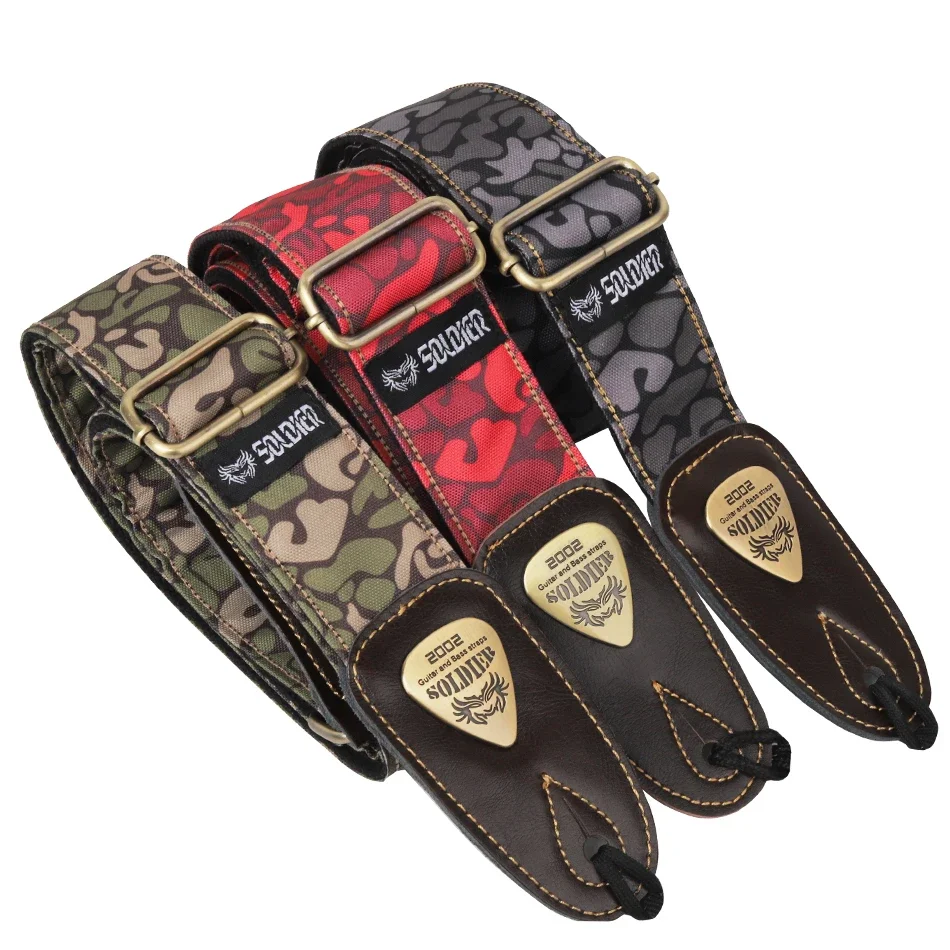 Soft Thick Camouflage Cotton Adjustable Bass Acoustic Electric Folk Guitar Strap with  Leather Ends