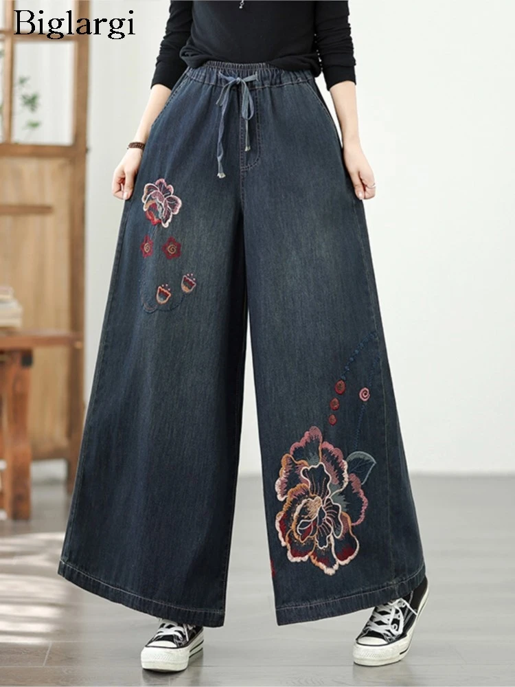 Damskie spodnie jeansowe oversize na jesień, z kwiatowym haftem, modne, luźne, z szerokimi nogawkami, elastyczna talia.