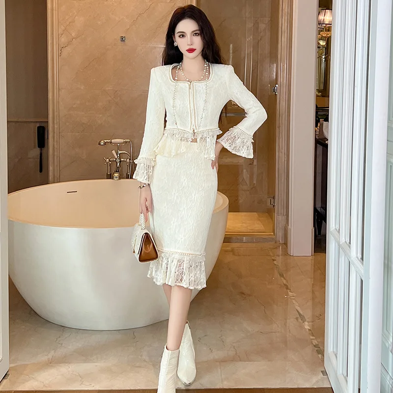 Slim Lace Dress Two-piece Square Collar Blouse and High Waist Midi Dresses Autumn and Winter New White Dresses for Women Classy