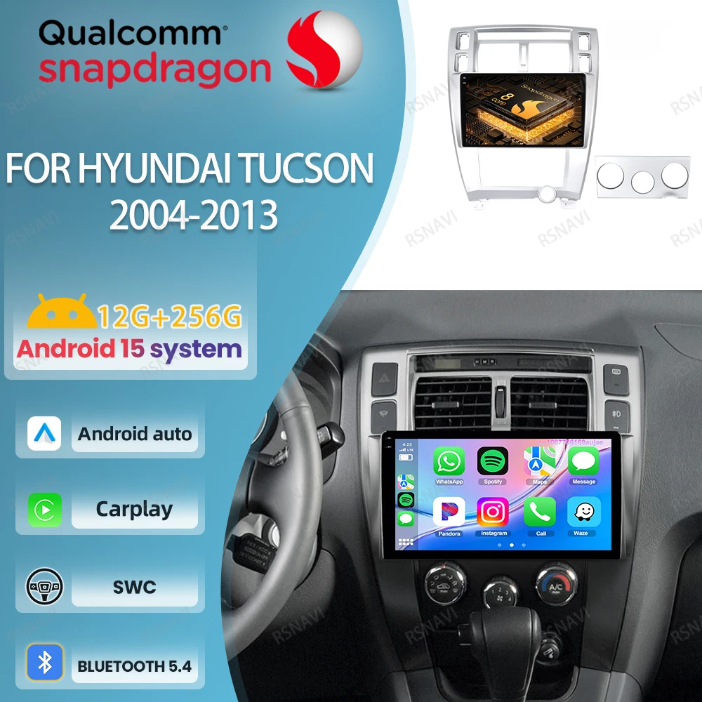 Car Radio Android 15 For Hyundai Tucson 2004-2013 Head Unit Navigation DVD GPS Wireless Carplay Auto DSP QLED Qualcomm BT 4G LTE
