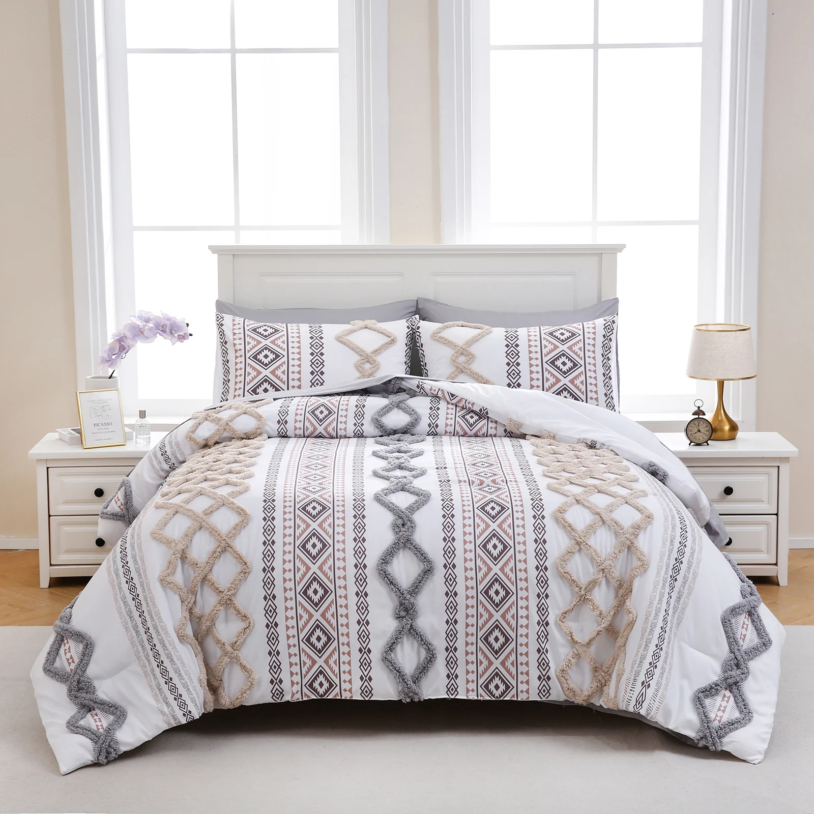 Tufted Comforter Set King Size 7 Pieces Boho Comforter Set 100% Soft Microfiber Aztec Comforter Set Shabby Chic Farmhouse Style Beige and Gray Fluffy Tufted Bedding Set