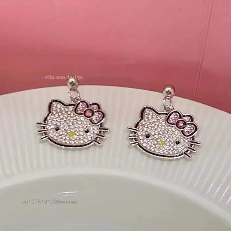 Sanrio Hello Kitty Diamonds Cute Beautiful Earrings Little Kitten Sparkling Zirconia Sweet Cool Girl Earring Jewelry Accessories