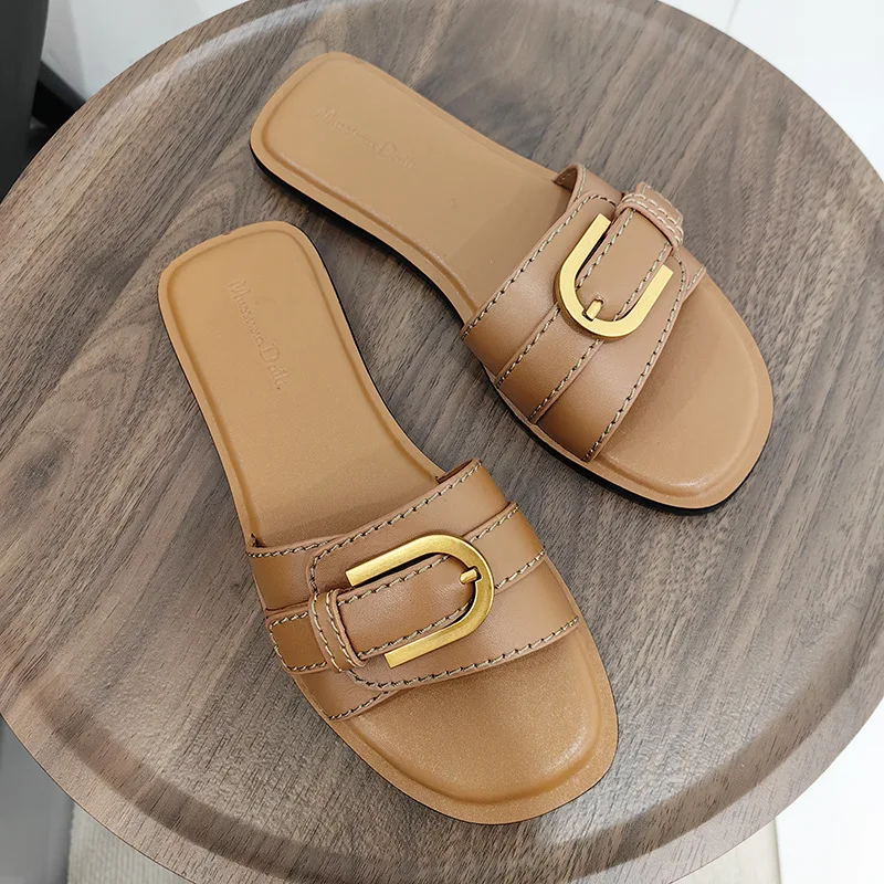 Slippers for Woman 2024 Summer Beach Flats Ladies Buckle Slides Gladiator Sandals Luxury Genuine Leather Mules Zapatos Mujer