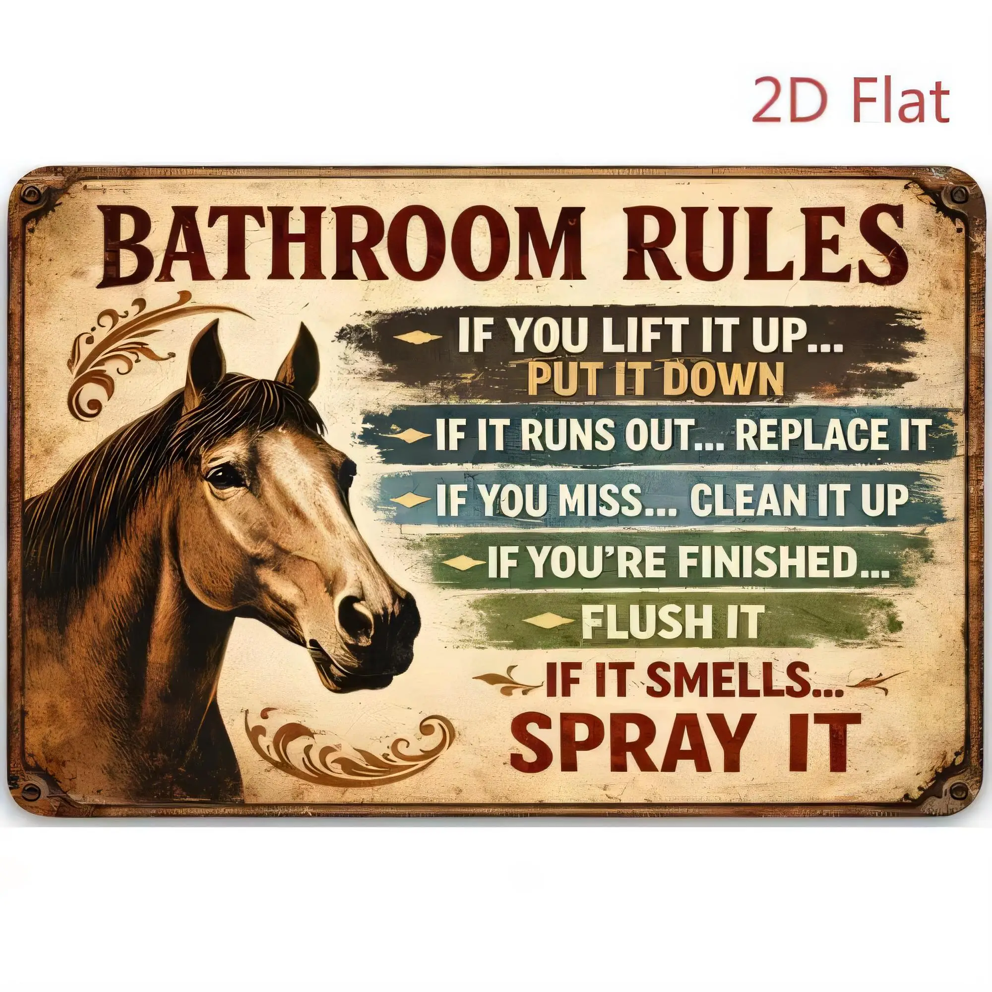 Tin Sign Bathroom Rules Horse If You Lift It Up Put It Down If Runs Out Replace It Rustic Metal Plaque   Wall Decor Vintage Retr
