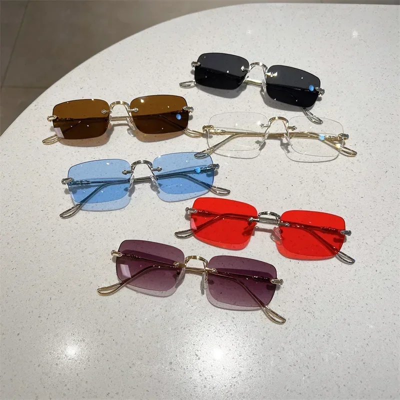 

Rimless Sunglasses Rectangle Fashion Popular Women Men Shades Small Square Sun Glasses for Female Male Summer Traveling Oculos