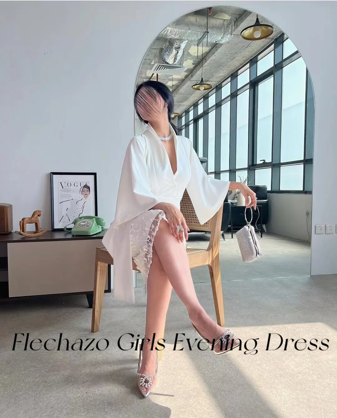 Flechazo White Evening Dresses V Neck Three-Quarter Knee-Length Simple Elegant Summer Party Dress For Women 2024 فساتين السهرة