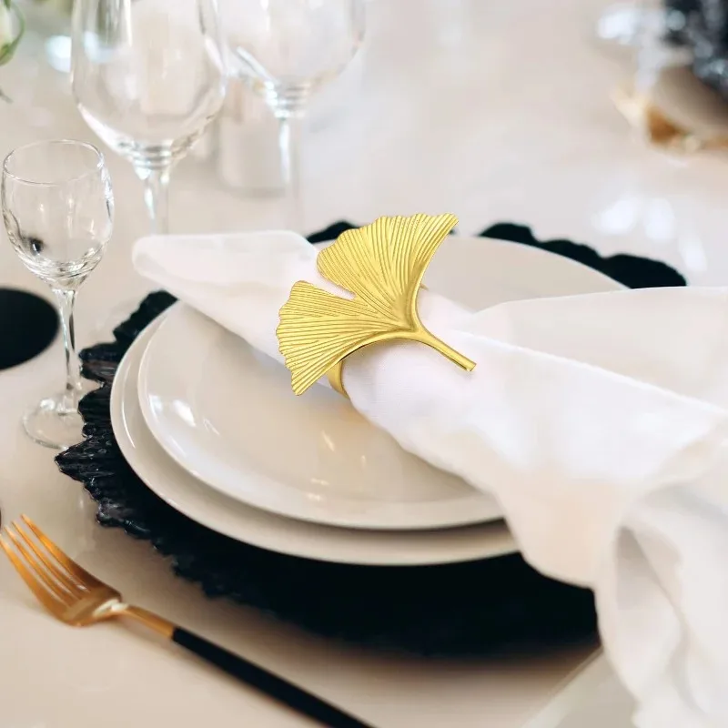Napkin Rings Set of 6 - Ginkgo Biloba Leaf Napkin Rings  - Fall Napkin Ring Holder Buckles for Holiday,Thanksgiving Dining Table